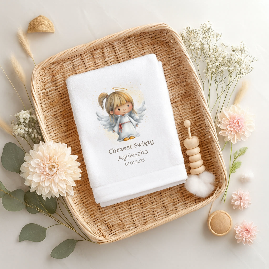 Personalizowany ręcznik na Chrzest z aniołkiem – imię i data