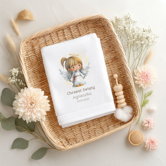 Personalizowany ręcznik na Chrzest z aniołkiem – imię i data