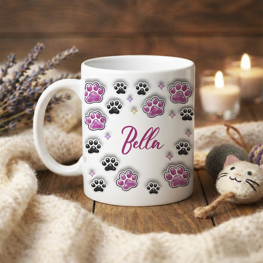 Personalizowany Kubek dla Kociary – Różowe Kocie Łapki z Efektem 3D, Dodaj Imię! 🐾