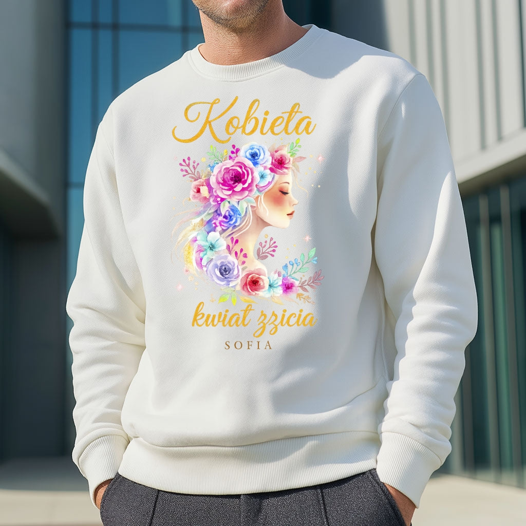 Personalizowana bluza „Kobieta – Kwiat Życia” z imieniem – koszulka damska – elegancki prezent dla kobiety