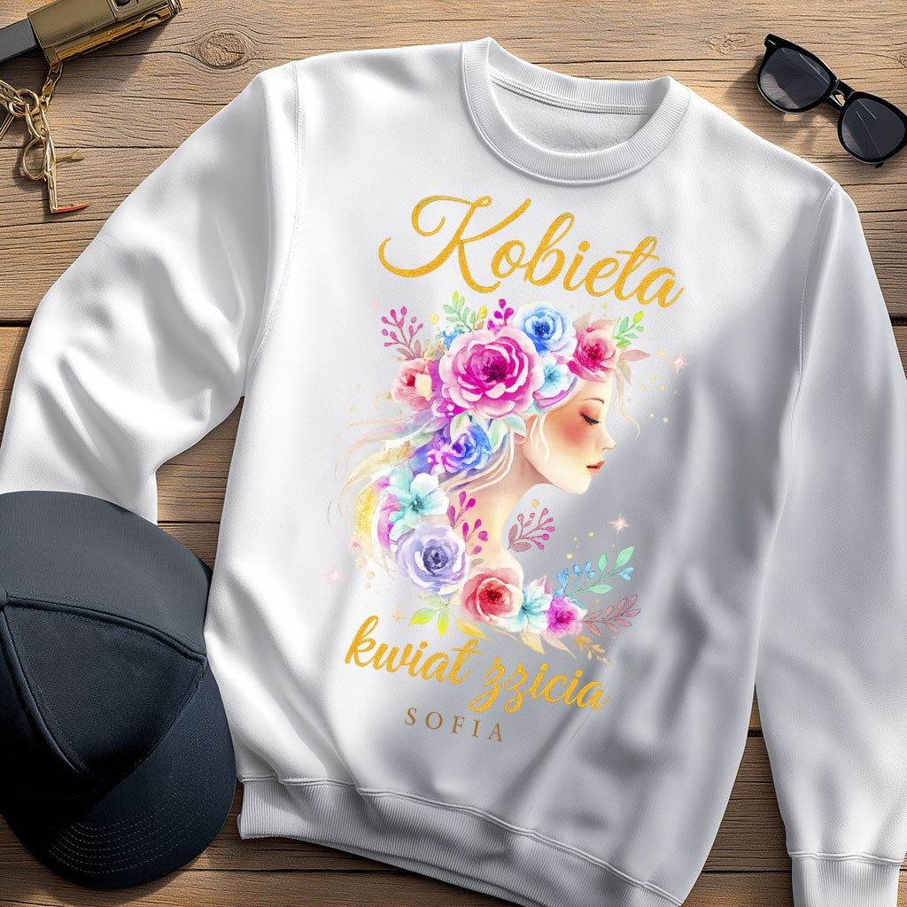 Personalizowana bluza „Kobieta – Kwiat Życia” z imieniem – koszulka damska – elegancki prezent dla kobiety