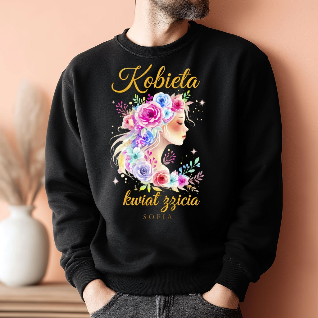 Personalizowana bluza „Kobieta – Kwiat Życia” z imieniem – koszulka damska – elegancki prezent dla kobiety