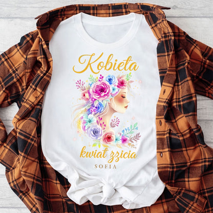 Personalizowana bluza „Kobieta – Kwiat Życia” z imieniem – koszulka damska – elegancki prezent dla kobiety