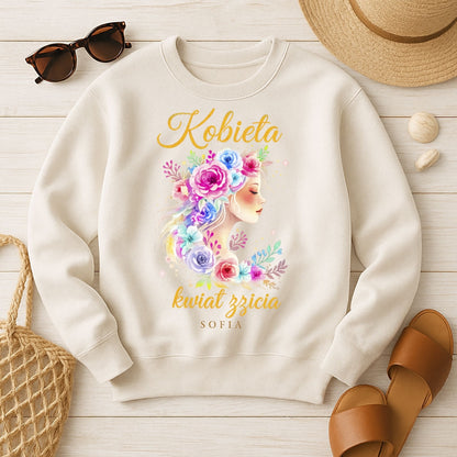 Personalizowana bluza „Kobieta – Kwiat Życia” z imieniem – koszulka damska – elegancki prezent dla kobiety