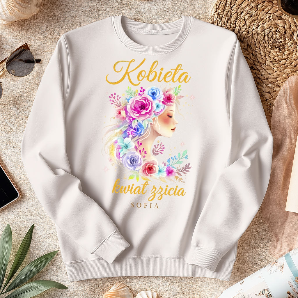 Personalizowana bluza „Kobieta – Kwiat Życia” z imieniem – koszulka damska – elegancki prezent dla kobiety