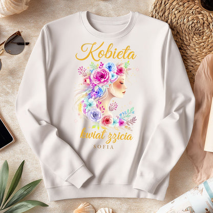 Personalizowana bluza „Kobieta – Kwiat Życia” z imieniem – koszulka damska – elegancki prezent dla kobiety