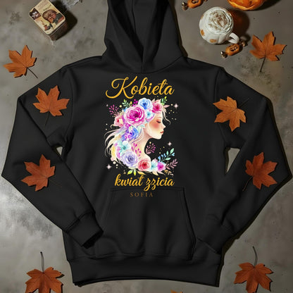 Personalizowana bluza „Kobieta – Kwiat Życia” z imieniem – koszulka damska – elegancki prezent dla kobiety