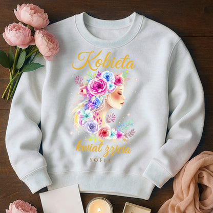 Personalizowana bluza „Kobieta – Kwiat Życia” z imieniem – koszulka damska – elegancki prezent dla kobiety