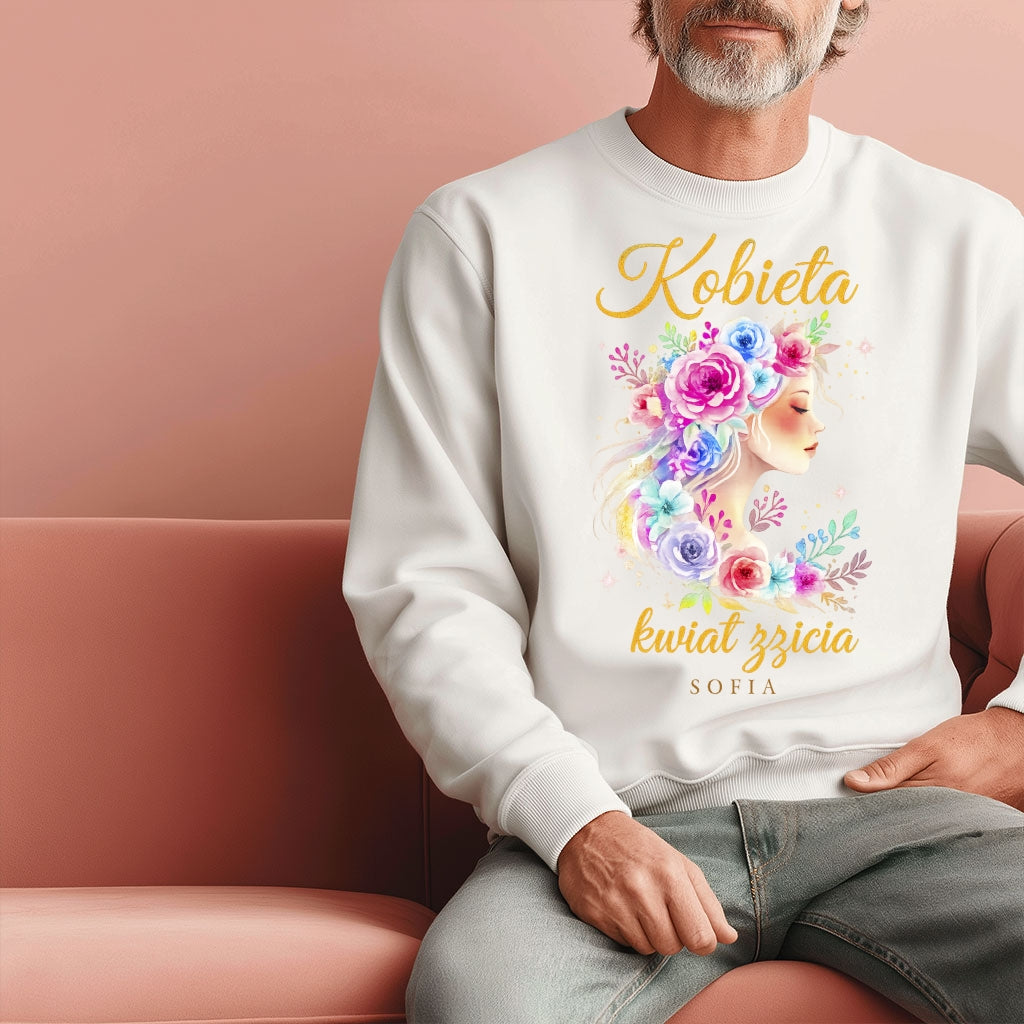 Personalizowana bluza „Kobieta – Kwiat Życia” z imieniem – koszulka damska – elegancki prezent dla kobiety
