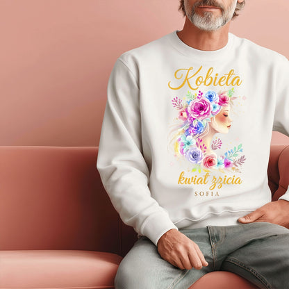 Personalizowana bluza „Kobieta – Kwiat Życia” z imieniem – koszulka damska – elegancki prezent dla kobiety
