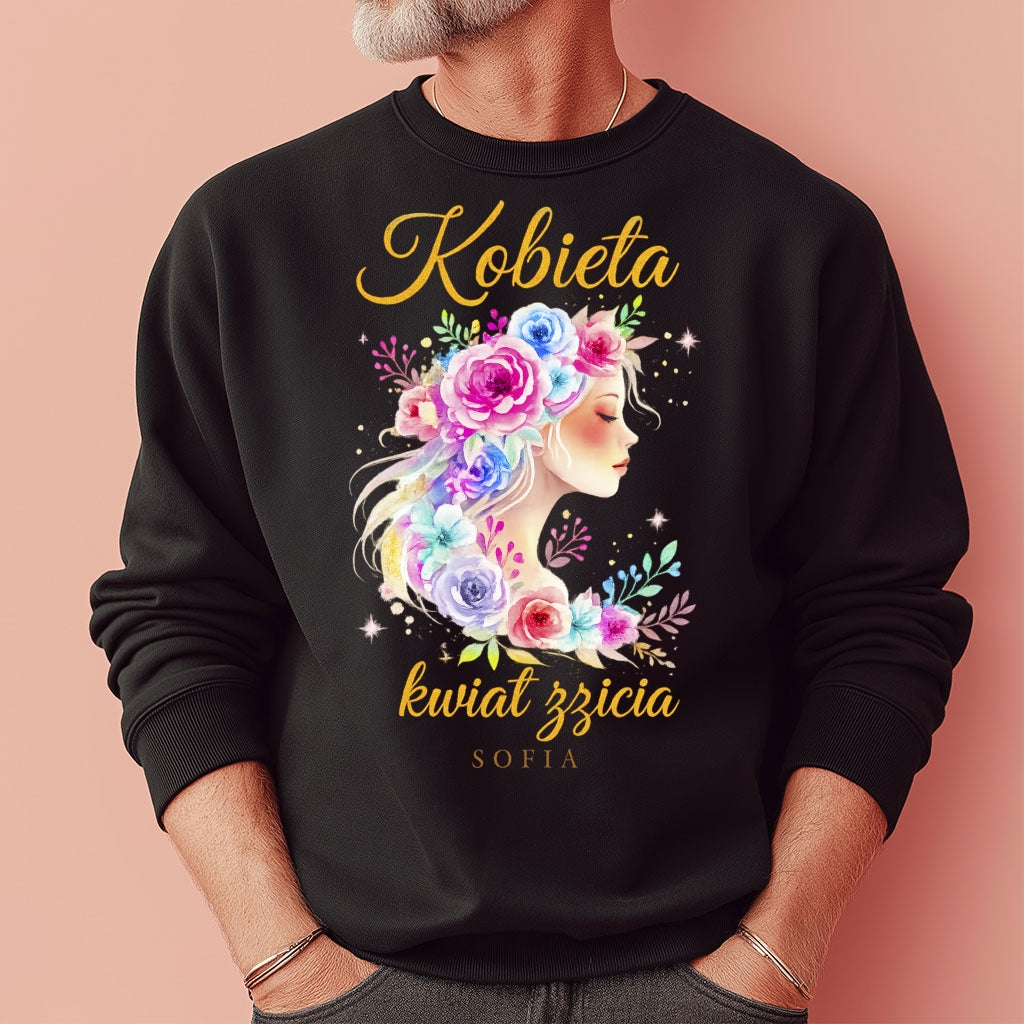 Personalizowana bluza „Kobieta – Kwiat Życia” z imieniem – koszulka damska – elegancki prezent dla kobiety