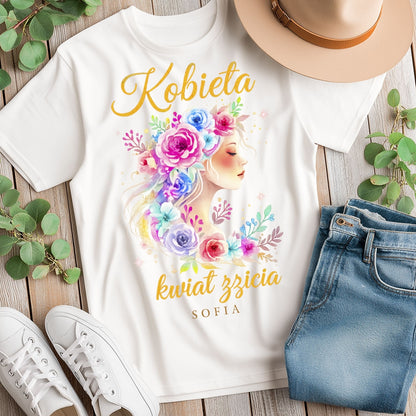 Personalizowana bluza „Kobieta – Kwiat Życia” z imieniem – koszulka damska – elegancki prezent dla kobiety