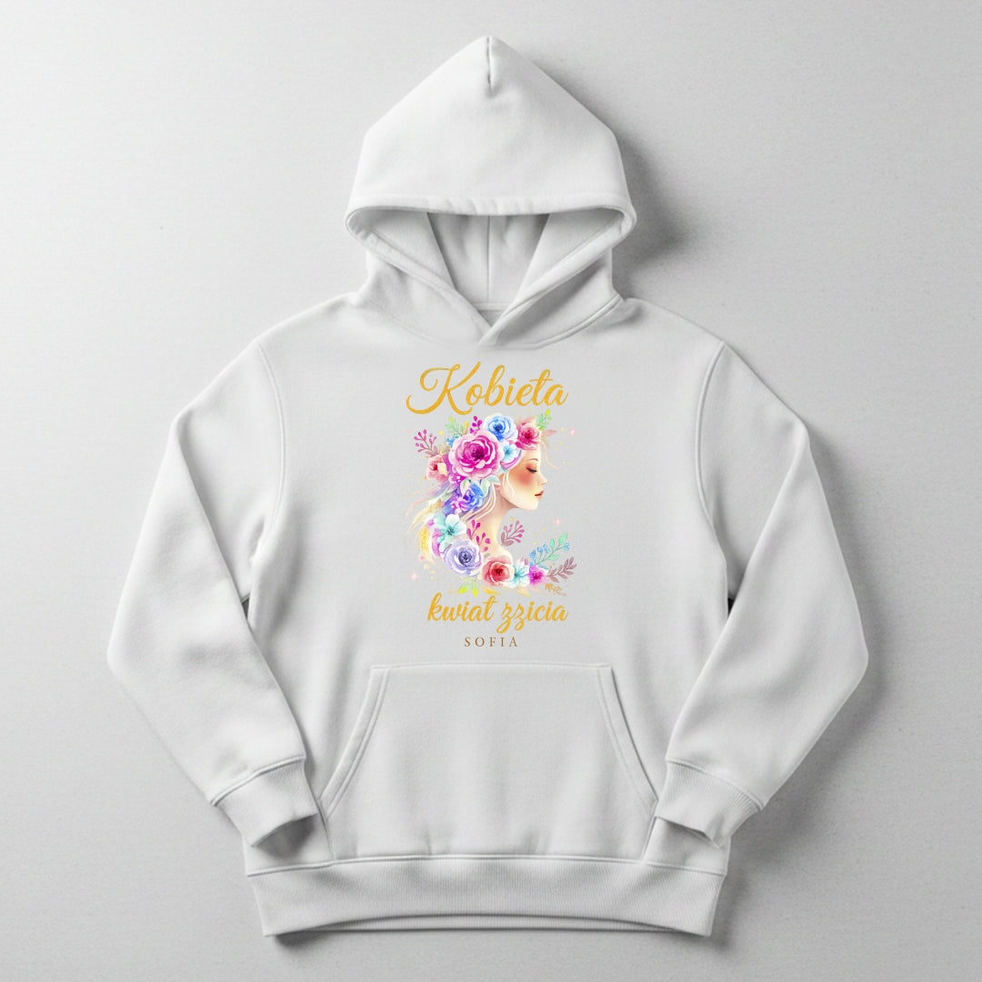 Personalizowana bluza „Kobieta – Kwiat Życia” z imieniem – koszulka damska – elegancki prezent dla kobiety