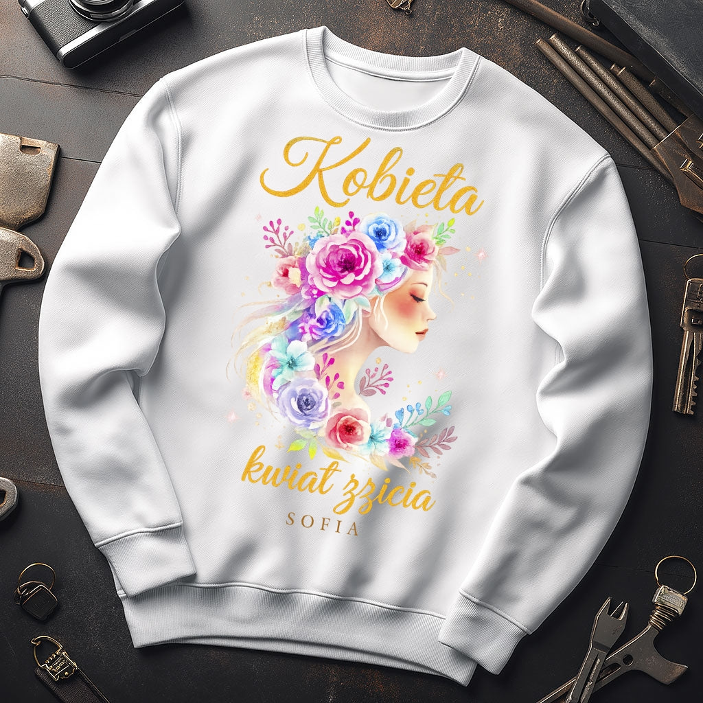 Personalizowana bluza „Kobieta – Kwiat Życia” z imieniem – koszulka damska – elegancki prezent dla kobiety