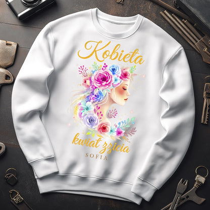 Personalizowana bluza „Kobieta – Kwiat Życia” z imieniem – koszulka damska – elegancki prezent dla kobiety