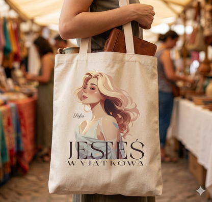 Personalizowana torba „Jesteś Wyjątkowa” z imieniem – eko shopper damska – prezent dla kobiety