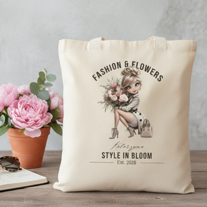 Personalizowana Torba "Fashion & Flowers" – Twoje Imię, Stylowa Eko Shopperka z Grafiką, Prezent dla Miłośniczki Mody