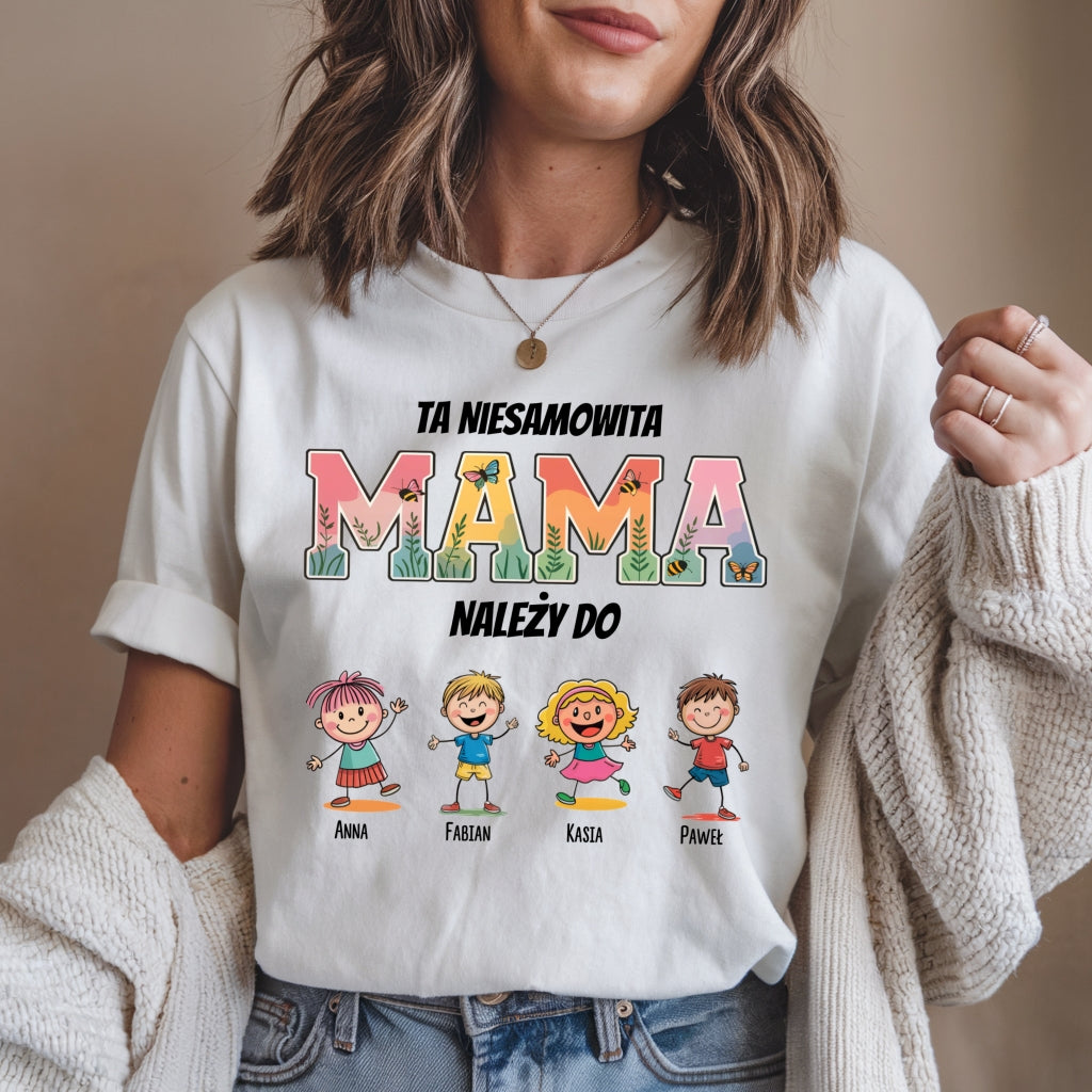 Koszulka damska: Ta Niesamowita Mama Należy Do... – Personalizowany Wzór z Imionami Dzieci