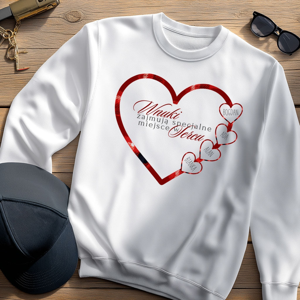 Personalizowany Świąteczny Swetshirt „Wnuki Zajmują Specjalne Miejsce w Sercu” – Prezent Rodzinny z Imionami Wnuków