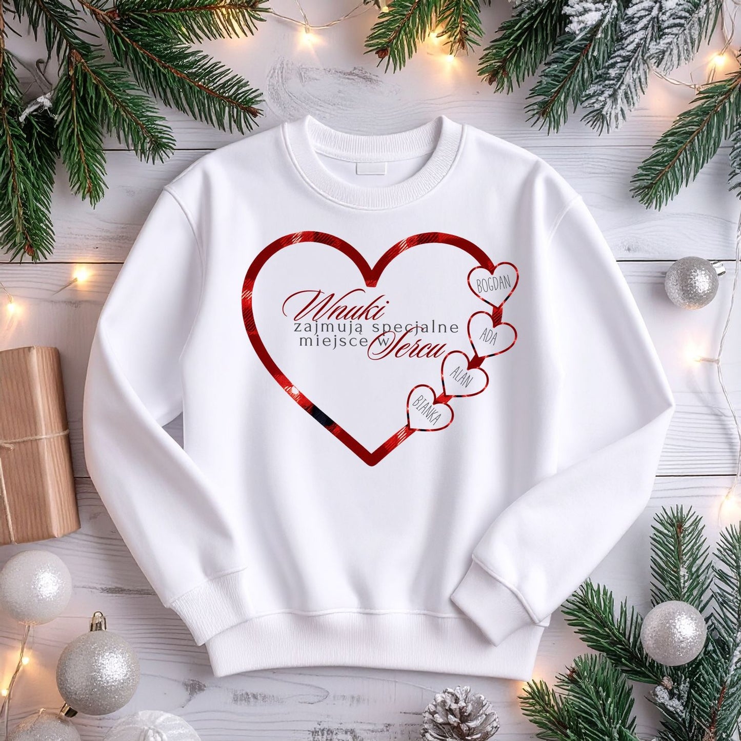 Personalizowany Świąteczny Swetshirt „Wnuki Zajmują Specjalne Miejsce w Sercu” – Prezent Rodzinny z Imionami Wnuków