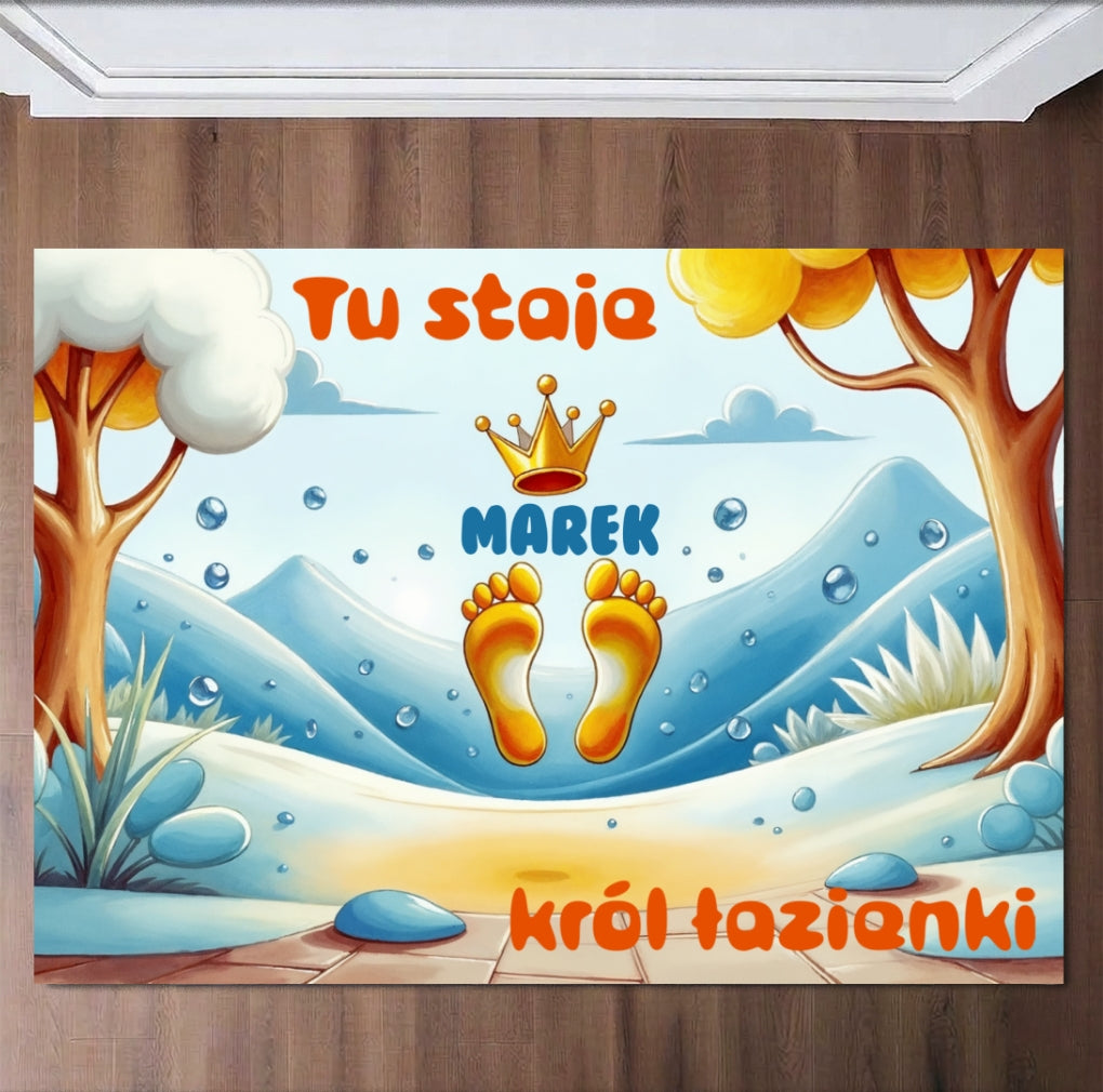 Personalizowany dywanik łazienkowy „Tu staje król łazienki” z imieniem - mata z zabawnymi stopami, idealna dla dzieci