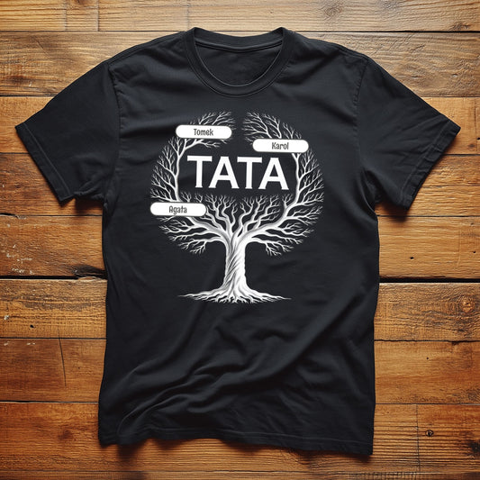 Koszulka Czarna: Drzewo Taty z Imionami Dzieci – Personalizowany Prezent Pełen Wzruszeń