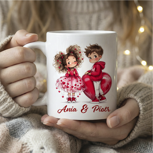 Personalizowany Kubek na Walentynki – Słodka Zakochana Para + Wasze Imiona, Prezent dla Niej i dla Niego